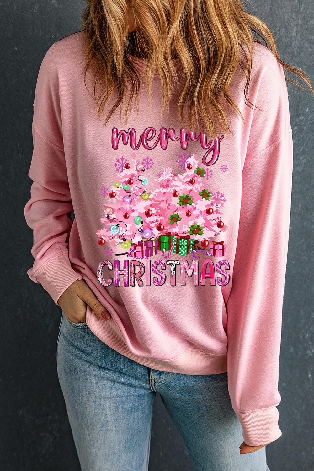 Merry Christmas Graphic Crew Neck Pullover Sweatshirt