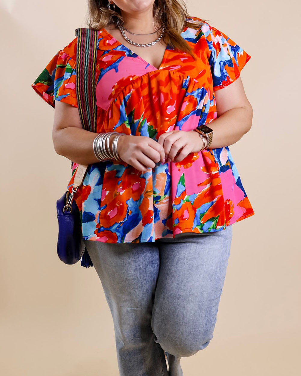Abstract Floral Print V Neck Plus Blouse