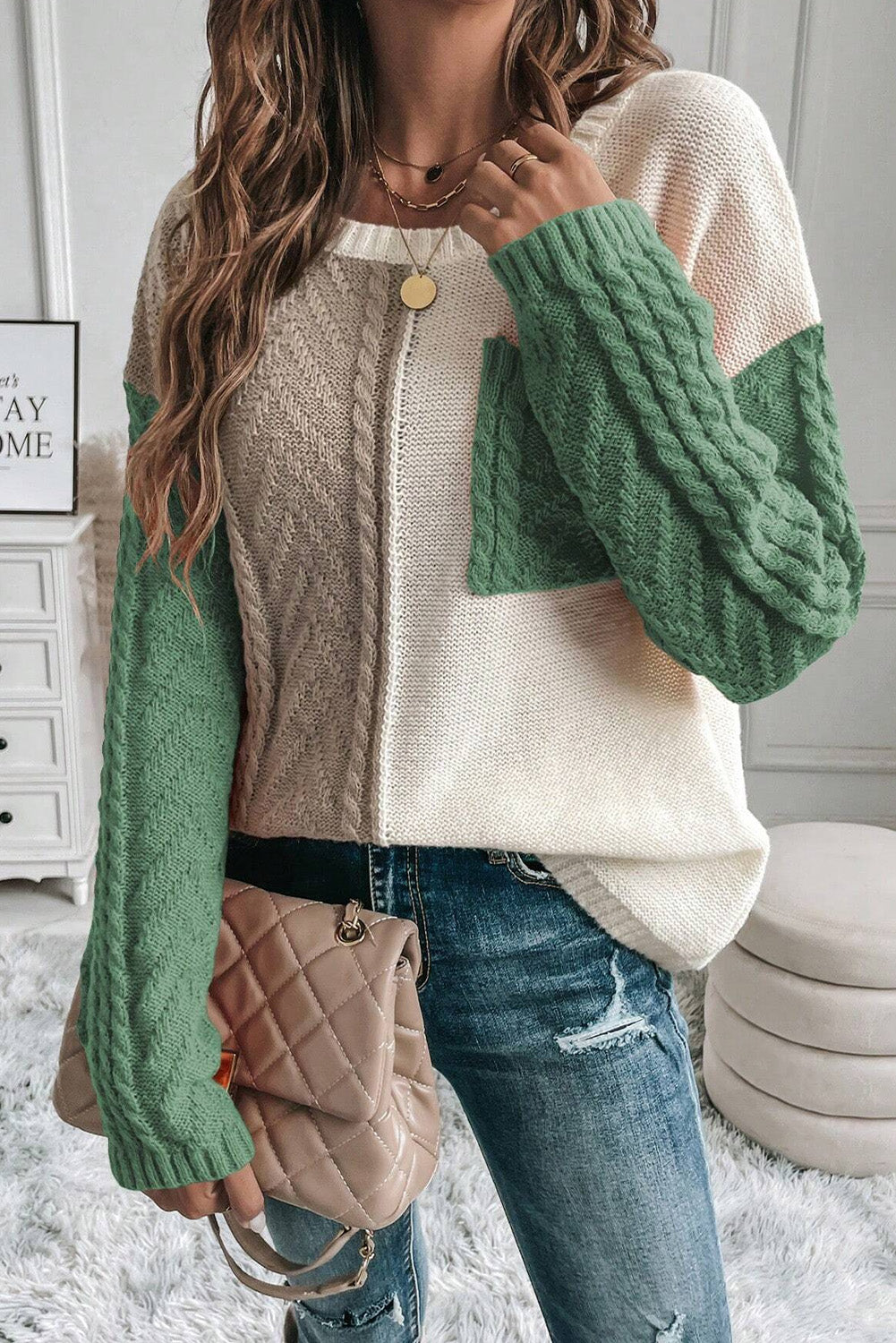 Tan Colorblock Patched Pocket Drop Shoulder Sweater