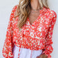 Floral Ruffled Notched V-Neck Blouse