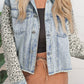 Leopard Patchwork Washed Distressed Denim Jacket