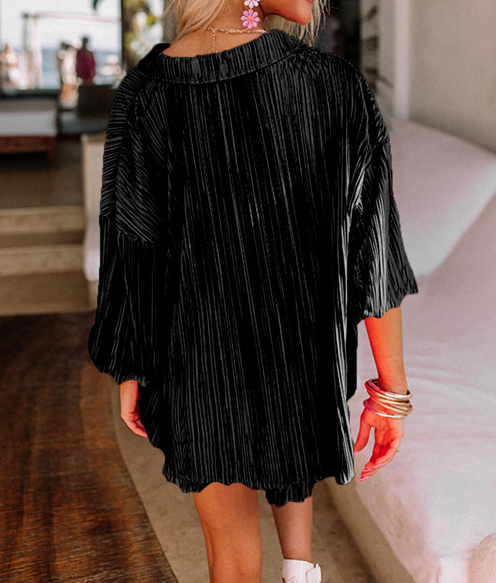 3/4 Sleeves Pleated Shirt and High Waist Shorts Lounge Set