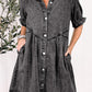 Mineral Wash Ruffled Short Sleeve Buttoned Denim Dress