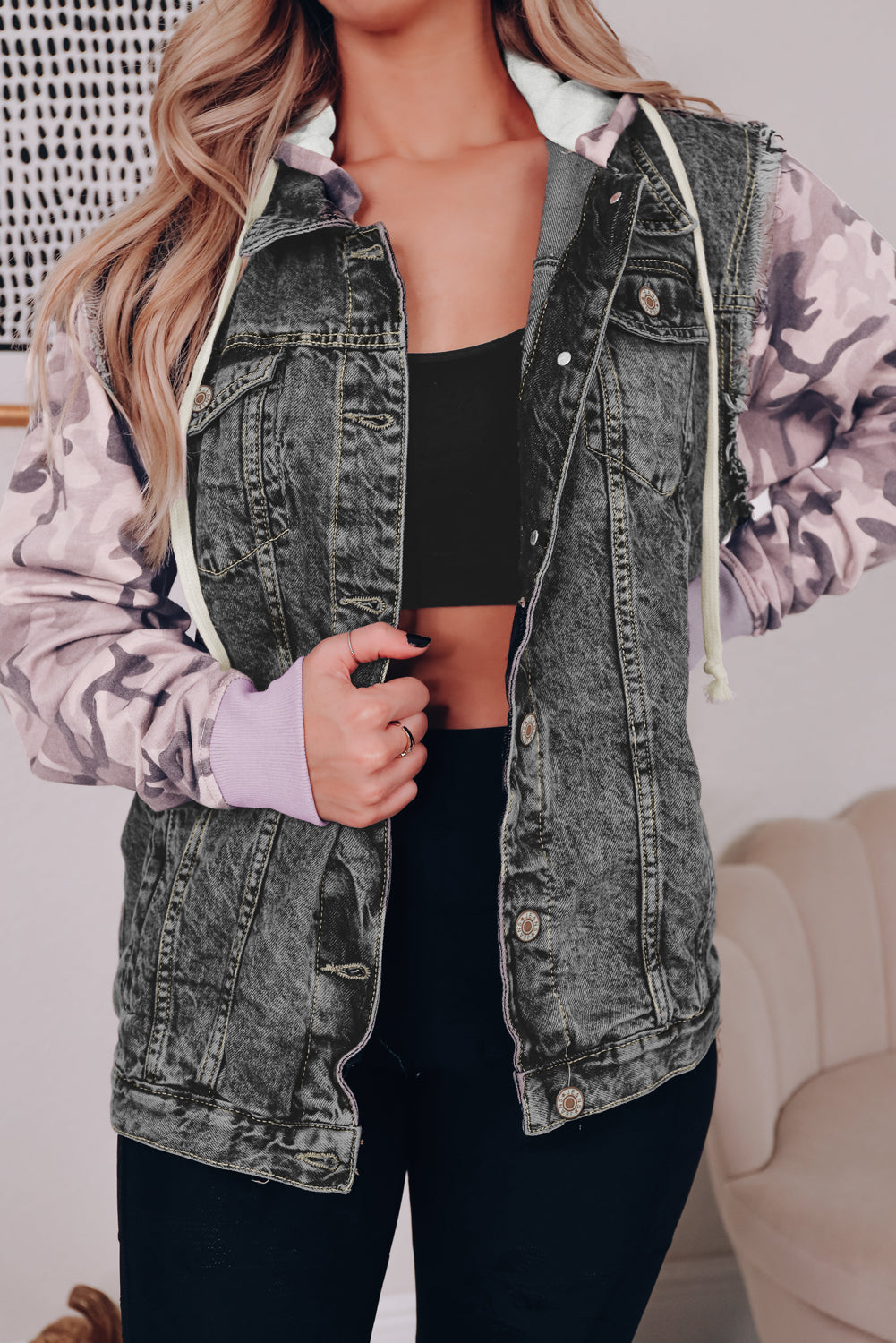 Camo Sleeve Hooded Buttoned Denim Jacket