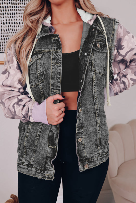 Camo Sleeve Hooded Buttoned Denim Jacket