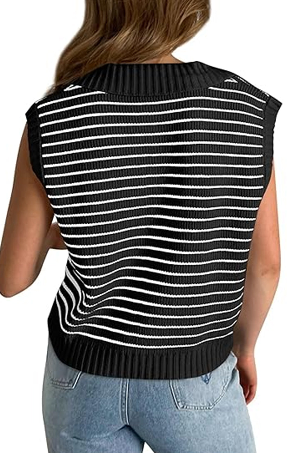 Stripe Turn-down V Neck Sweater Tank Top