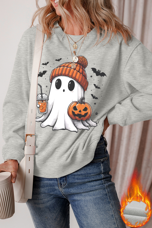 Halloween Ghost Print Crewneck Drop Shoulder Sweatshirt