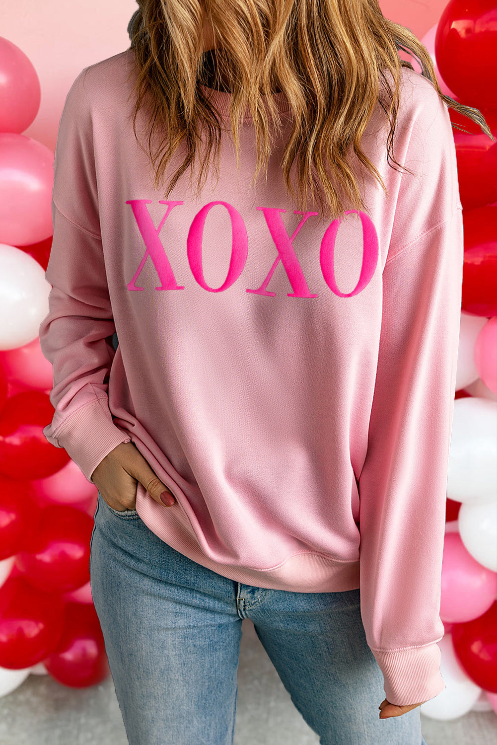 XOXO Puff Print Drop Shoulder Pullover Sweatshirt
