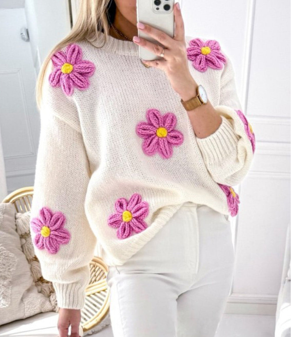 Plus Size Flower Crochet Drop Shoulder Knit Sweater