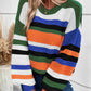 Striped Knit Drop Shoulder Puff Sleeve Sweater