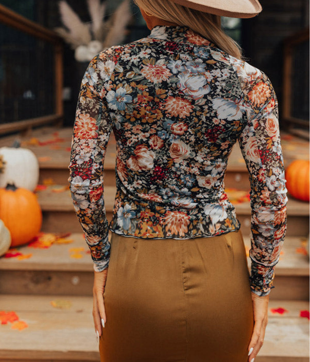 Floral Long Sleeve High Neck Sheath Mesh Blouse