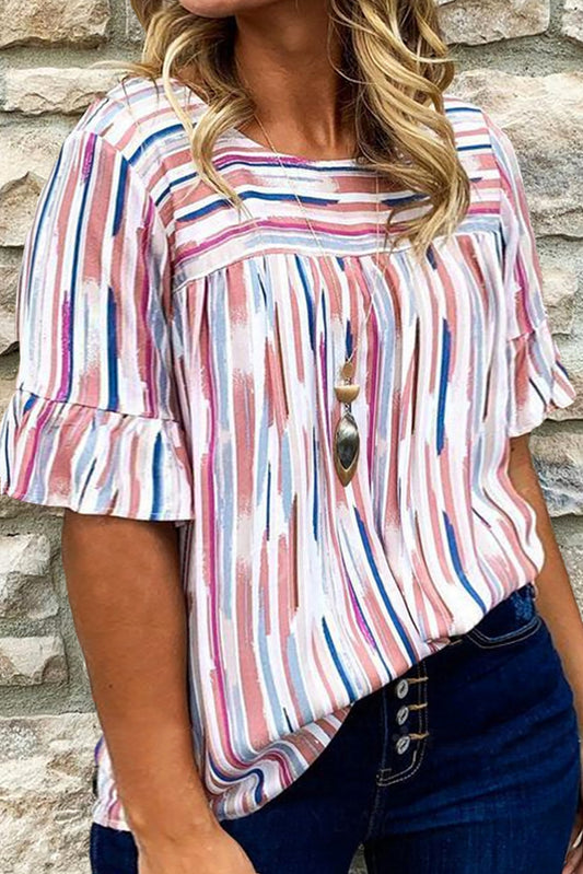 Stripe Ruffled Short Sleeve Plus Size Blouse