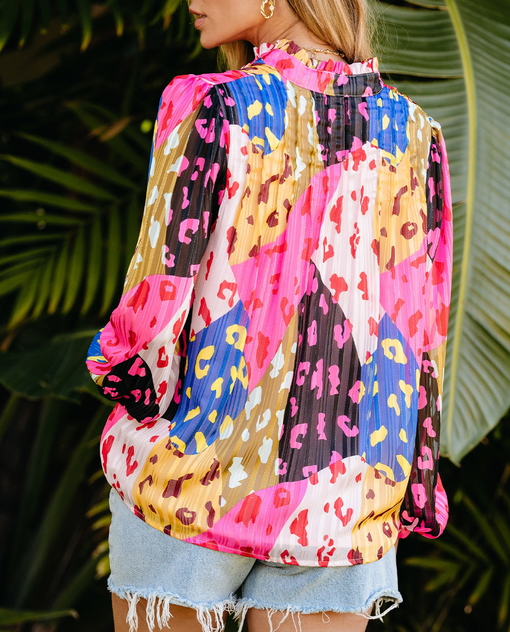 Leopard Patchwork Print Pleated Blouse