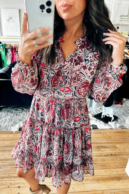 Floral Print Ruffle Tiered Puff Sleeve Mini Dress