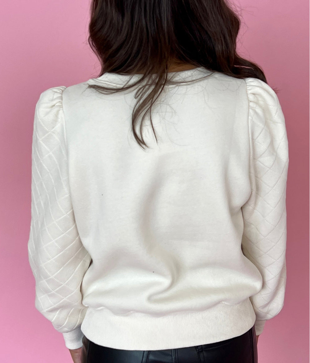 Solid Puff Sleeve Round Neck Pullover Sweatshirt