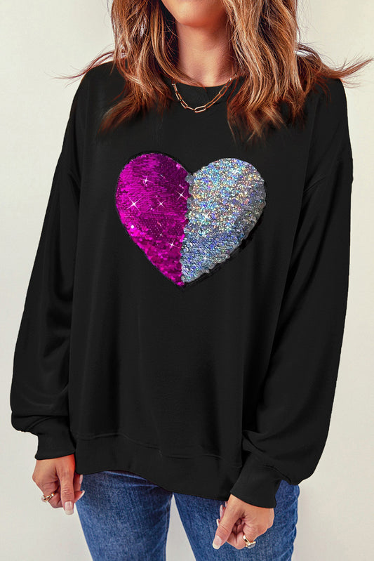 2-tone Sequined Heart Graphic Sweatshirt
