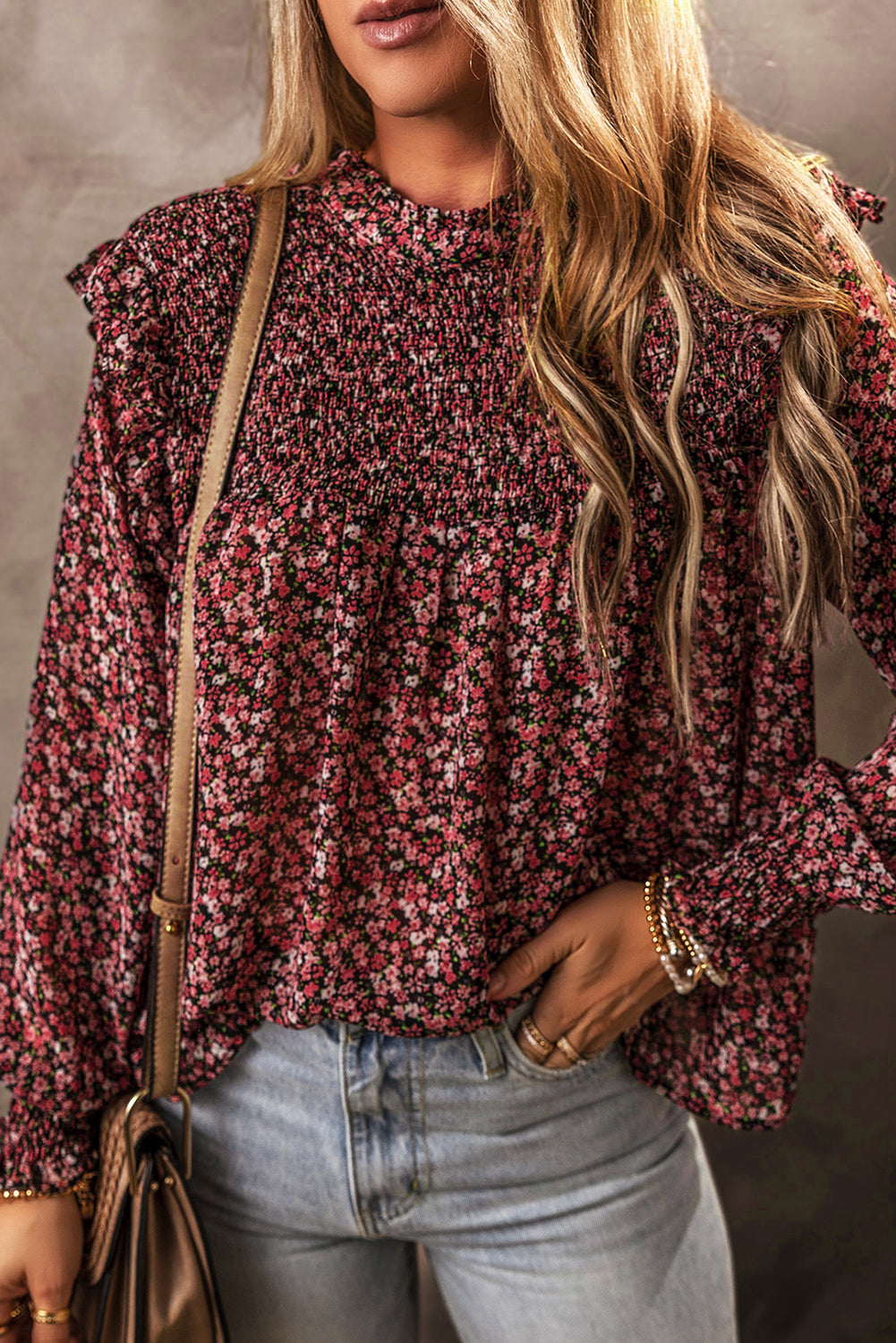 Floral Smocked Ruffle Long Sleeve Blouse