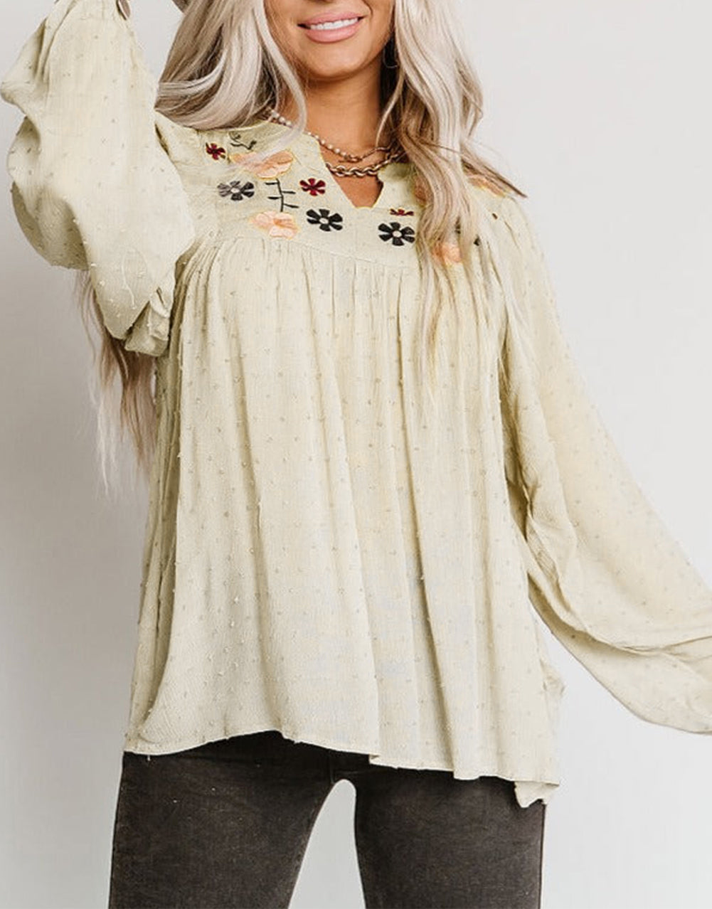 Floral Embroidered Swiss Dot Split Neck Babydoll Blouse