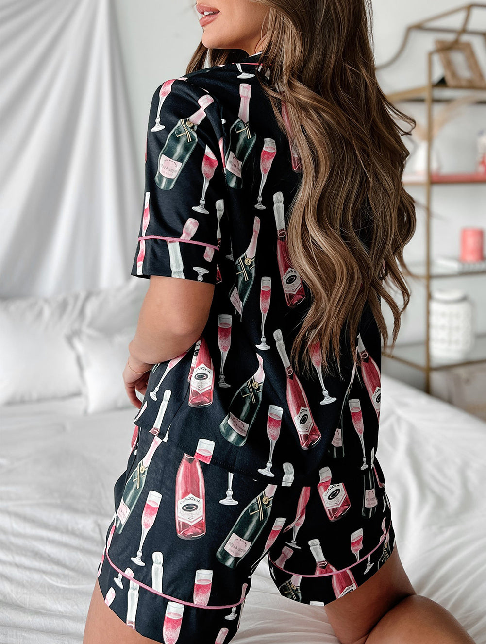Champagne Print Silky Short Sleeve Pajamas Set