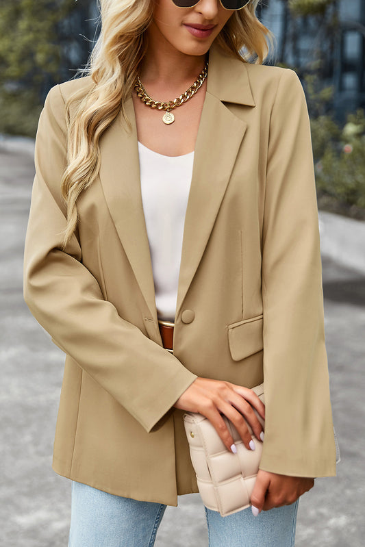 Solid Color Single Button Lapel Collar Pocketed Blazer