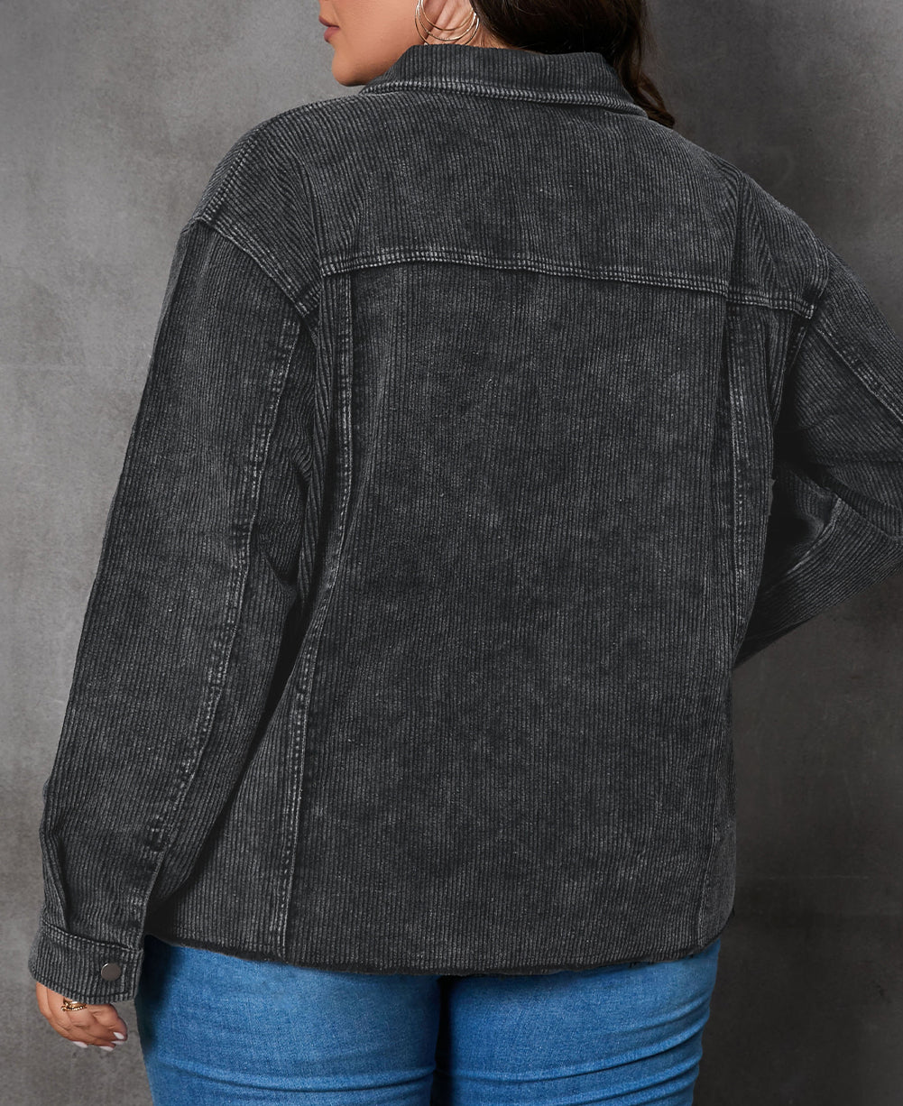 Plus Size Flap Pocket Raw Edge Corduroy Jacket