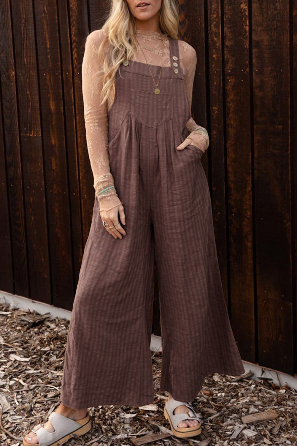 Striped Pleated Wide Leg Pocketed Jumpsuit