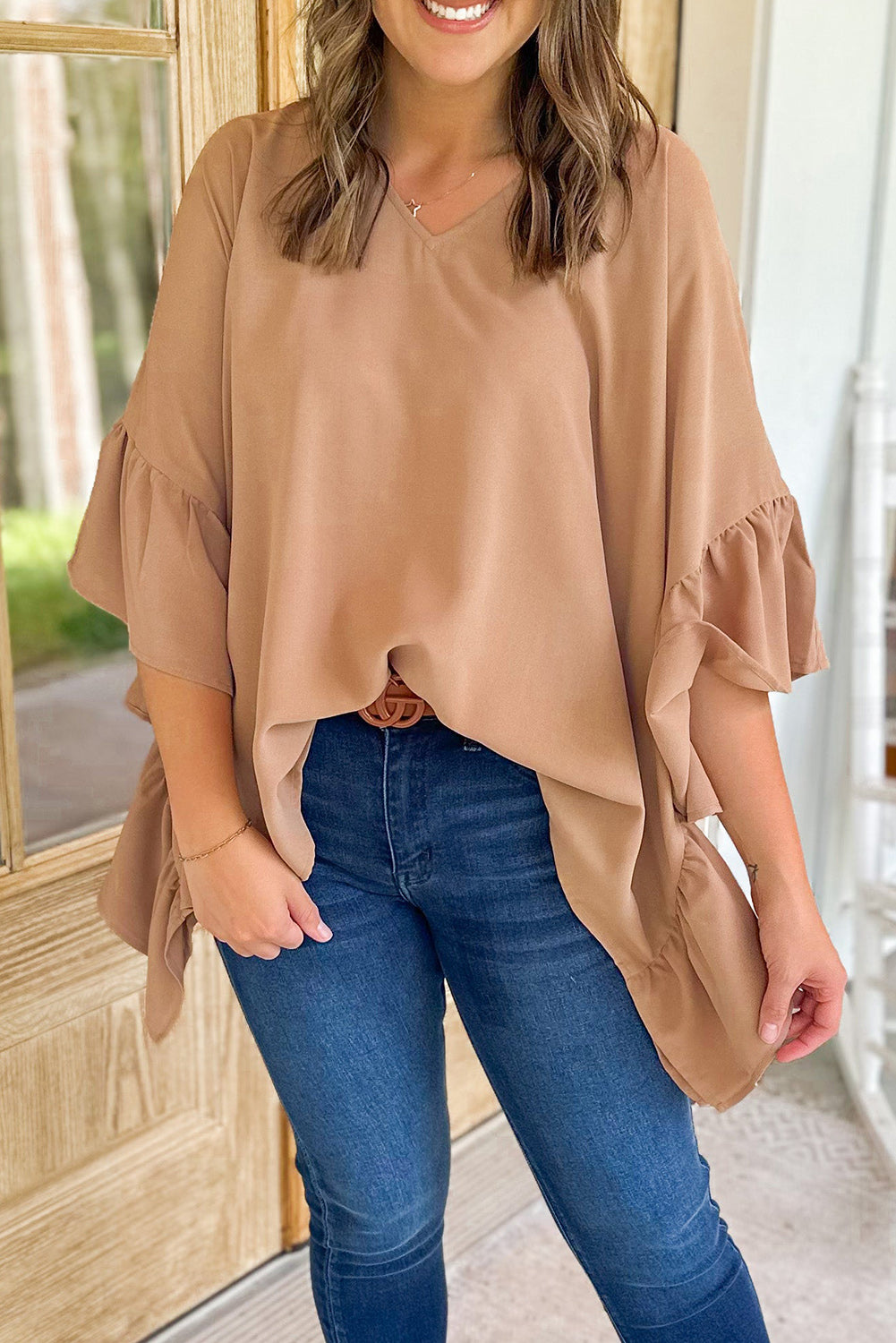 Plus Size Ruffled Batwing Sleeve V Neck Blouse
