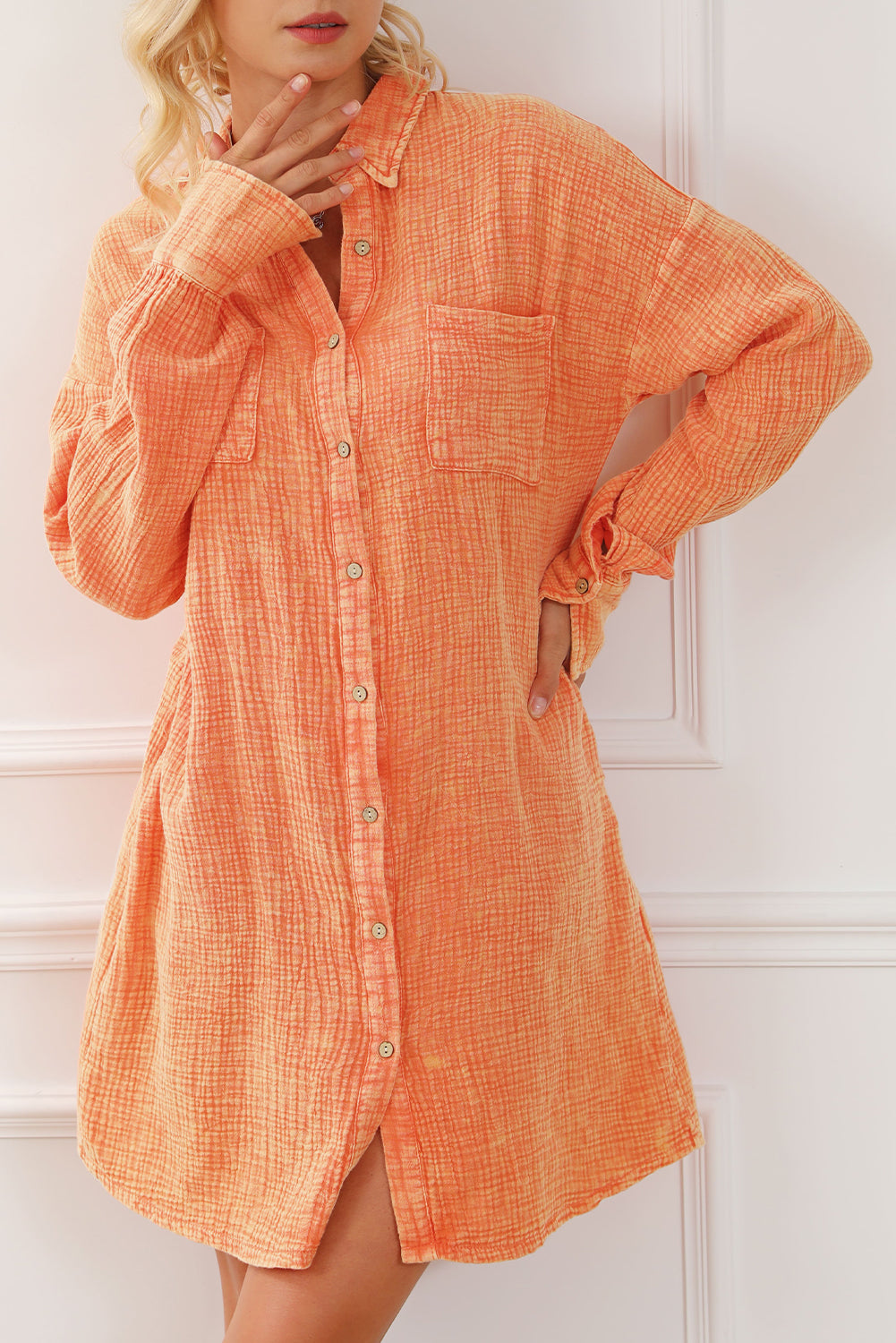 Crinkled Dual Chest Pocket Oversized Shirt Dress