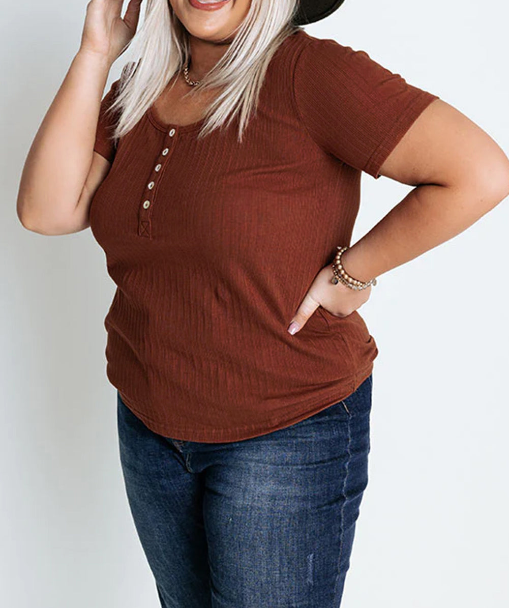 Plus Size Ribbed Knit Henley Tee