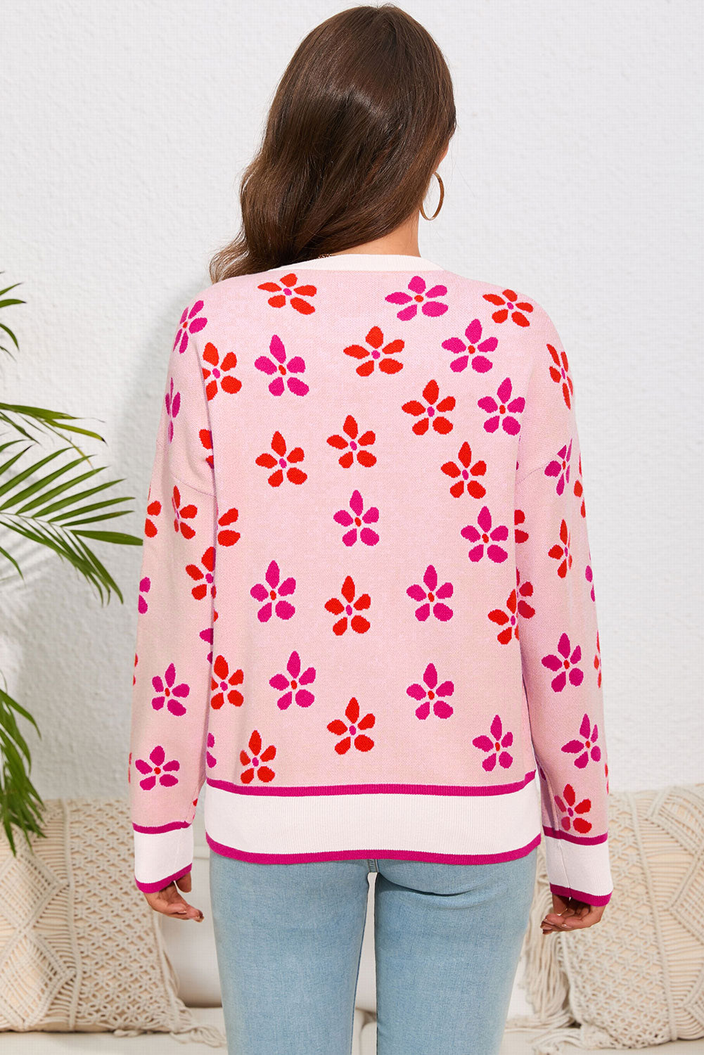Flower Print Crew Neck Sweater
