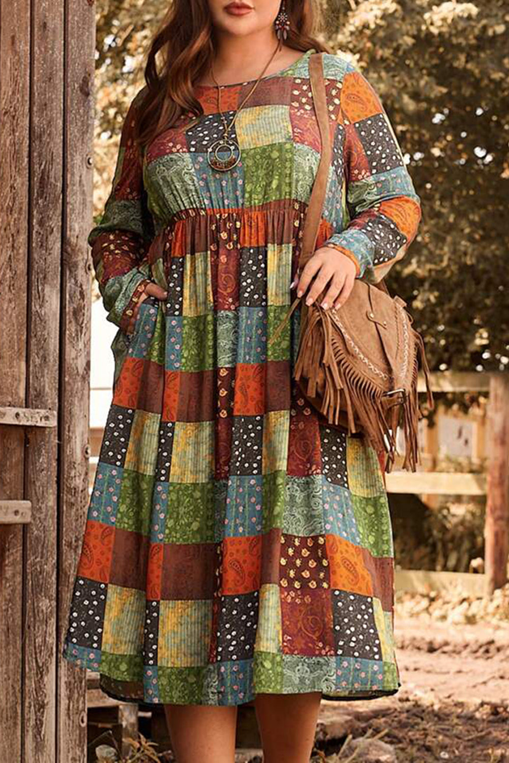 Printed Multicolor Western Checkered Plus Size Swing Dress