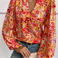 Frilled Split Neck Bubble Sleeve Floral Blouse