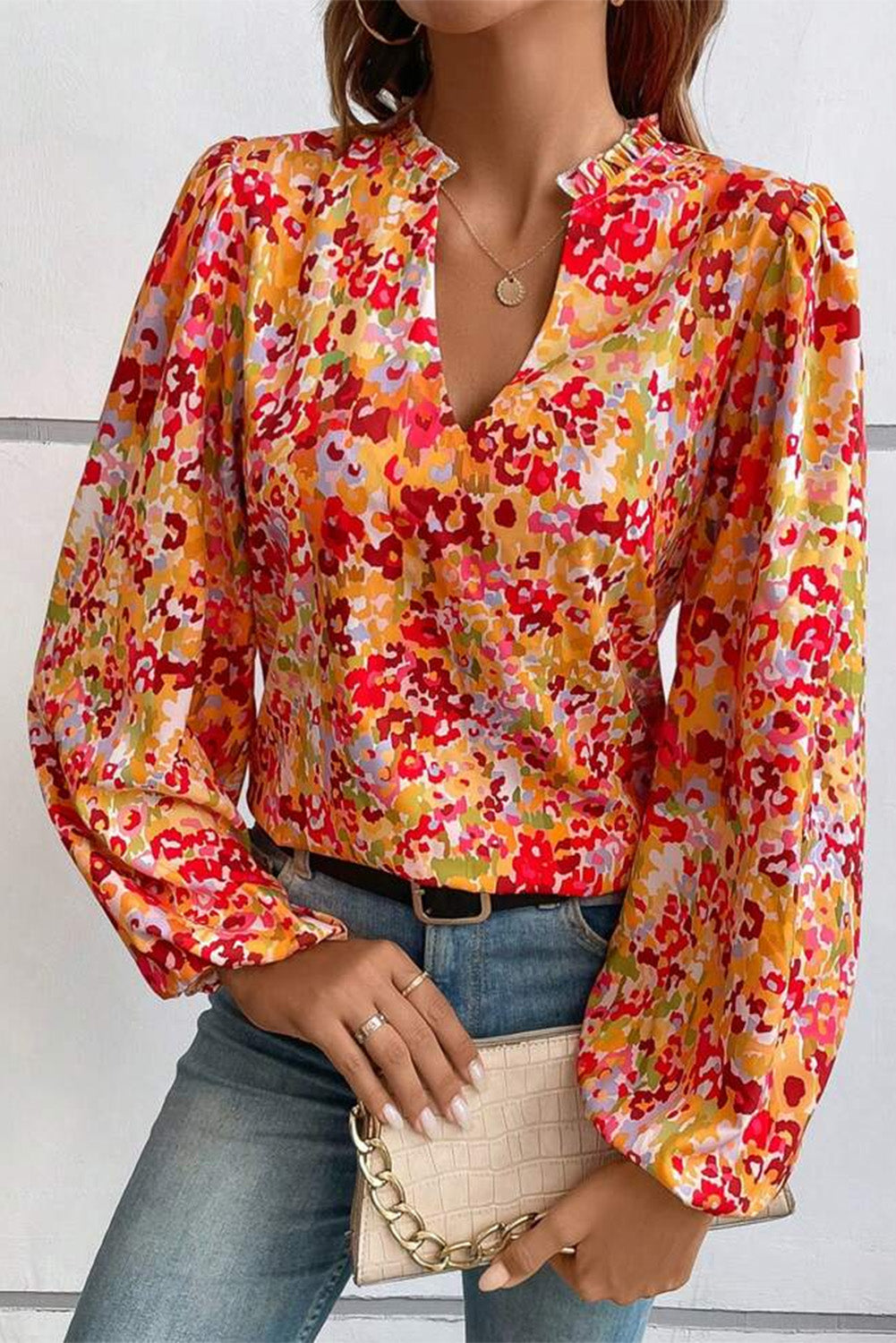Frilled Split Neck Bubble Sleeve Floral Blouse