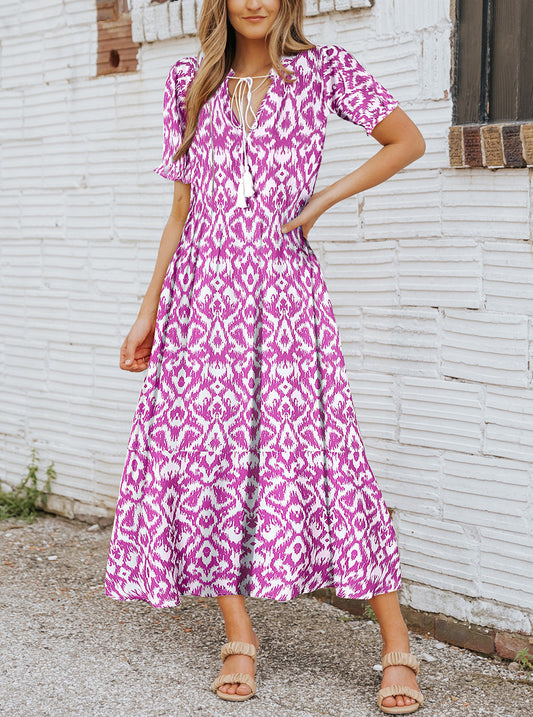 V Neck Casual Geometric Print Maxi Dress