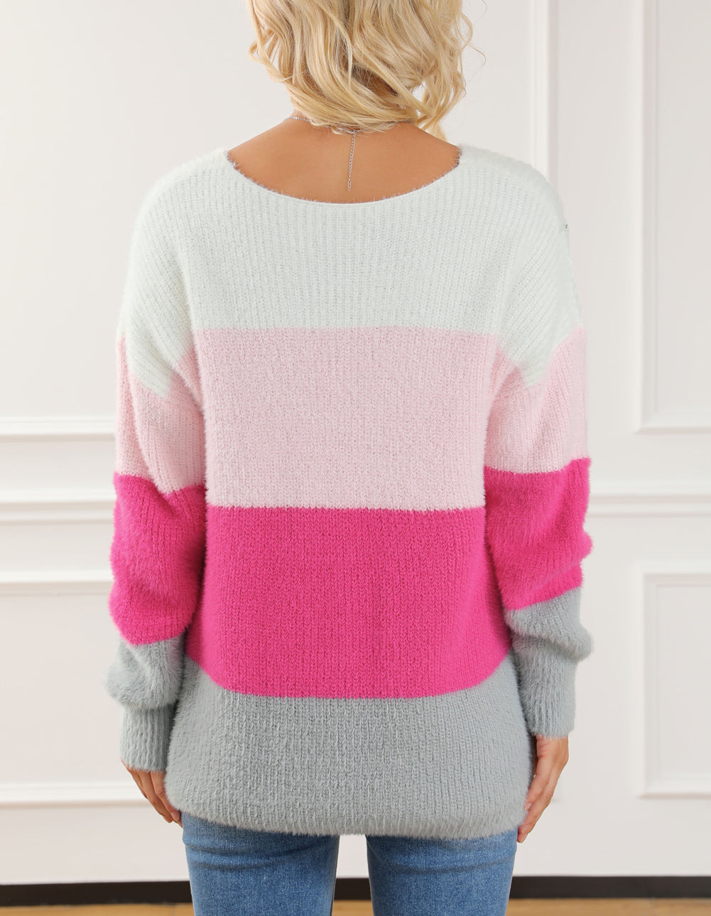 Striped Color Block Fuzzy V Neck Sweater