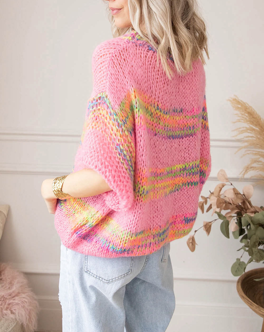 Colorful Stripes 3/4 Sleeve Loose Sweater