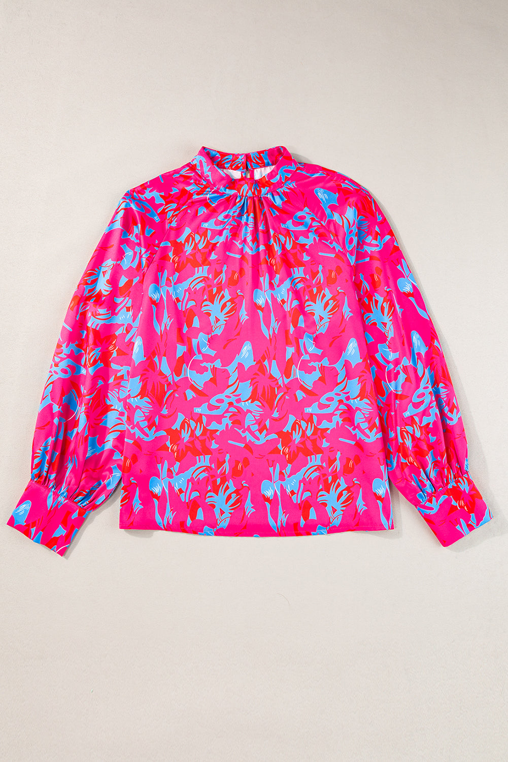 Printed Bubble Sleeve Mock Neck Blouse