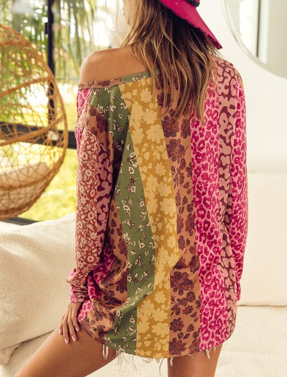 Floral Leopard Mixed Print V Neck Long Sleeve Tee