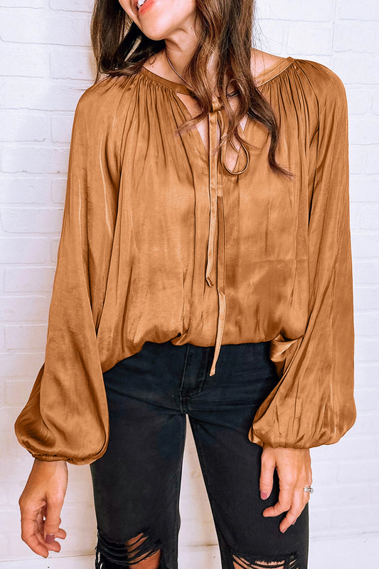 Satin Pleated Tied V Neck Puff Sleeve Blouse