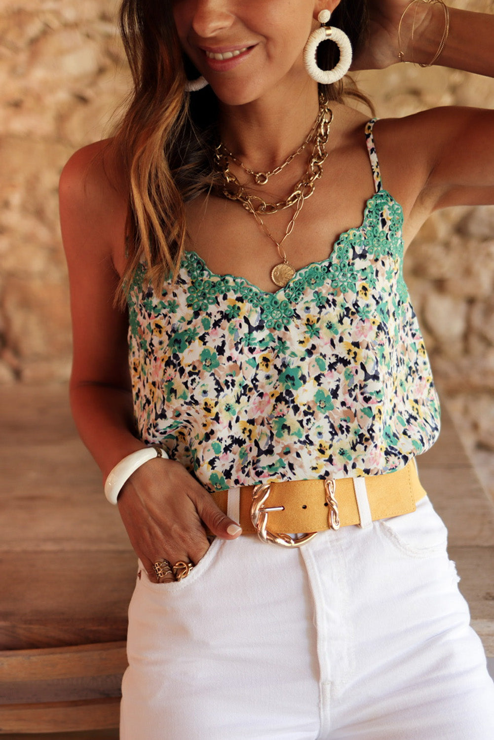 Green Embroidered Boho Floral Camisole