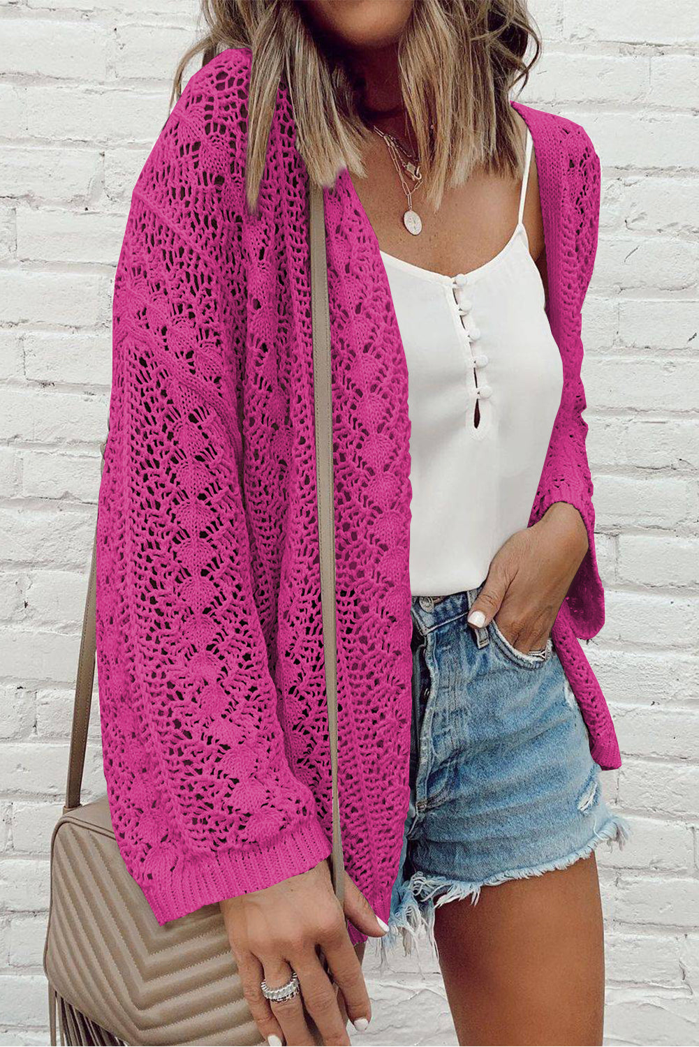 Hollow Out Knit Drop Shoulder Open Front Cardigan