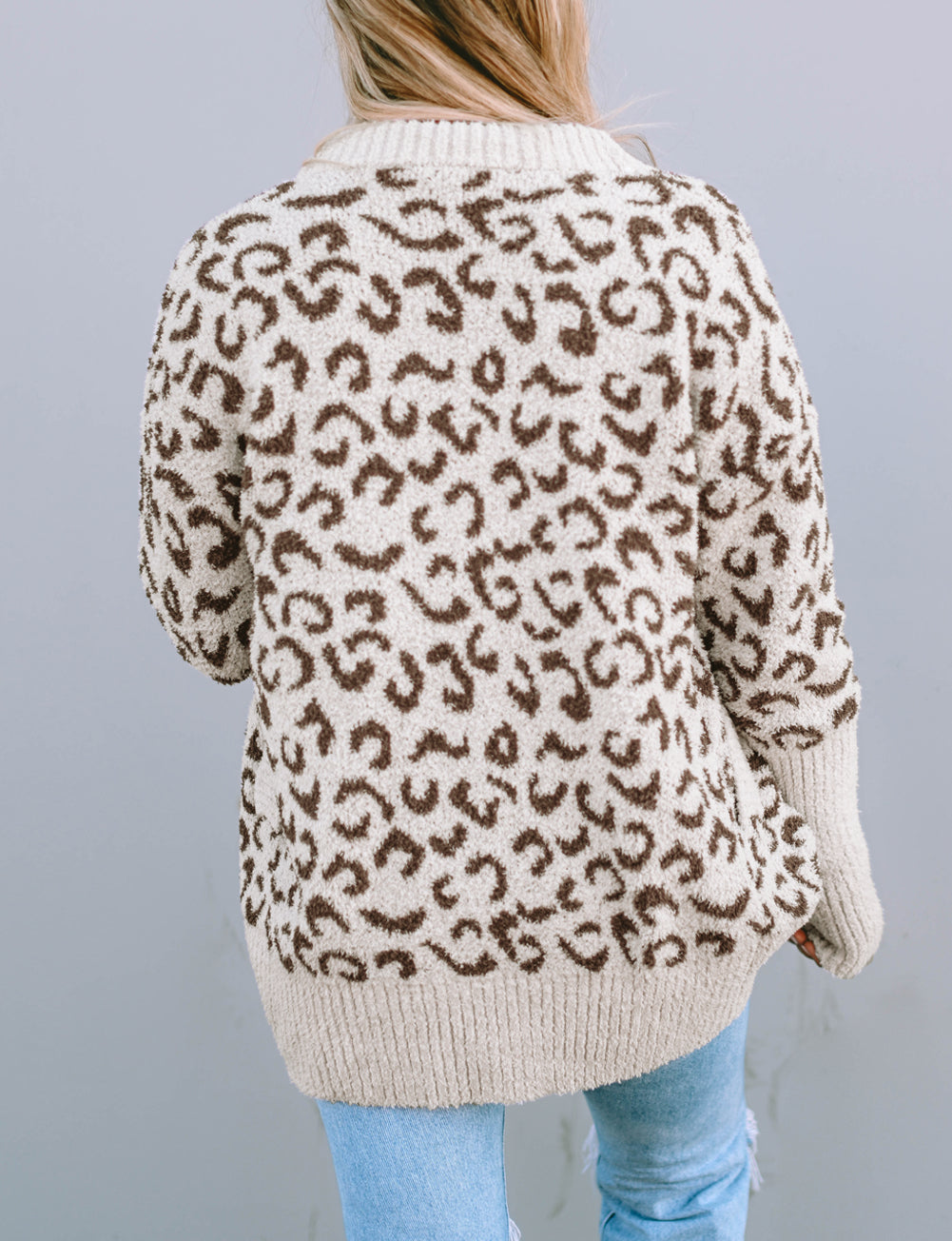 Fuzzy Leopard Ribbed Trim Lapel Collar Cardigan