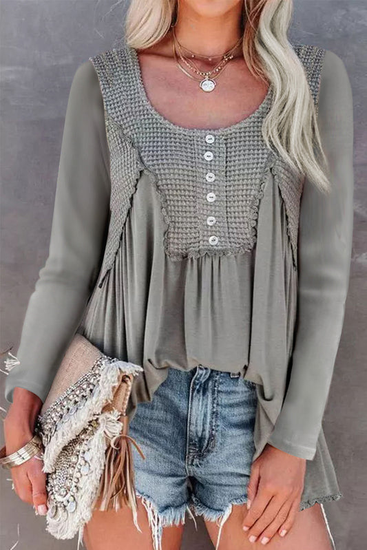 Waffle Knit Patchwork Seamed Flowy Blouse