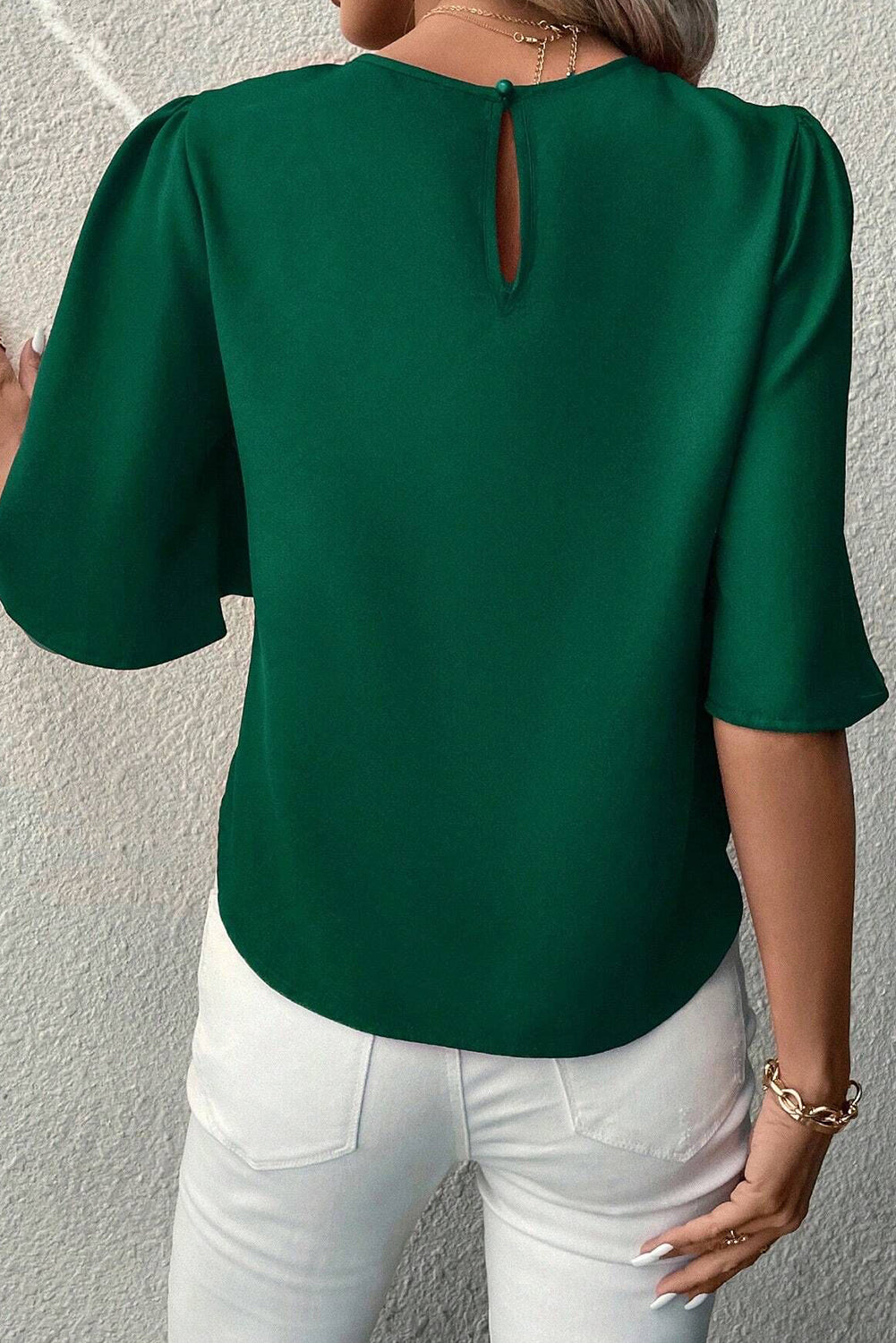 Solid Color Satin Keyhole Back Wide Sleeve Blouse