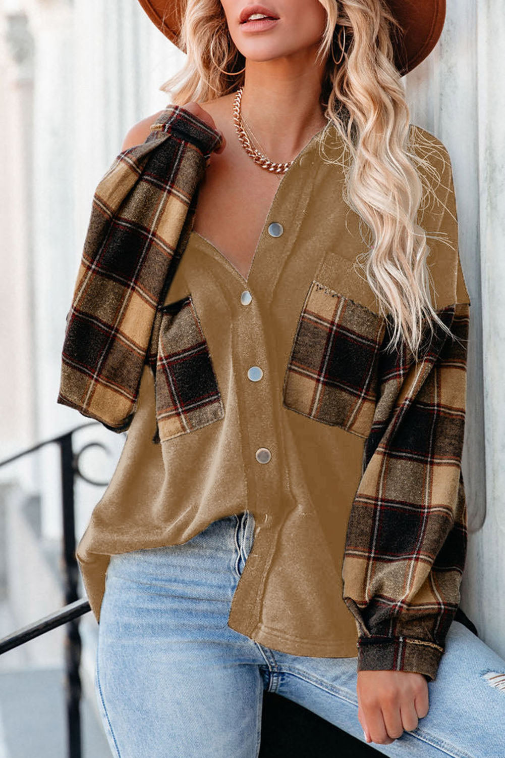 Plaid Patchwork Chest Pockets Oversized Shirt Jacket