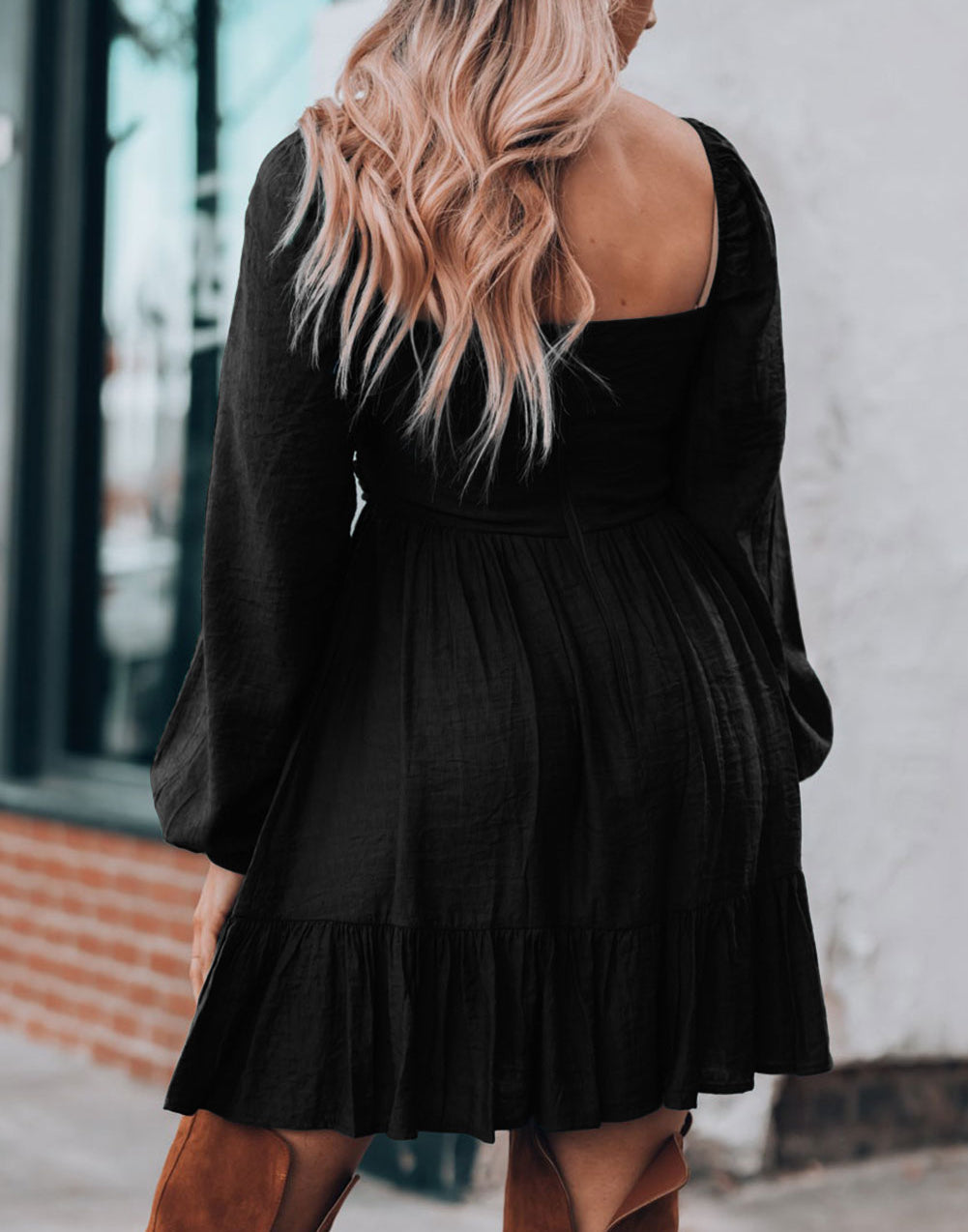 Ruched Square Neck Puff Sleeve Mini Dress