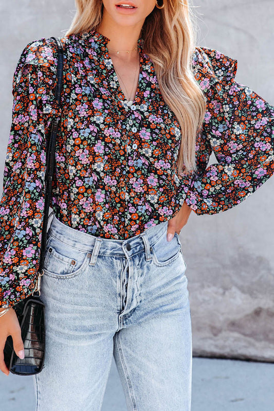 Red Floral Ruffled Bubble Sleeve Shirt