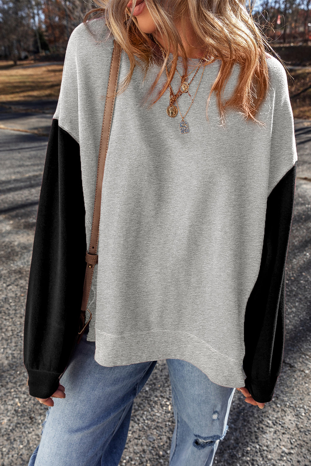 Two Tone Patchwork Drop Shoulder Pullover Sweatshirt