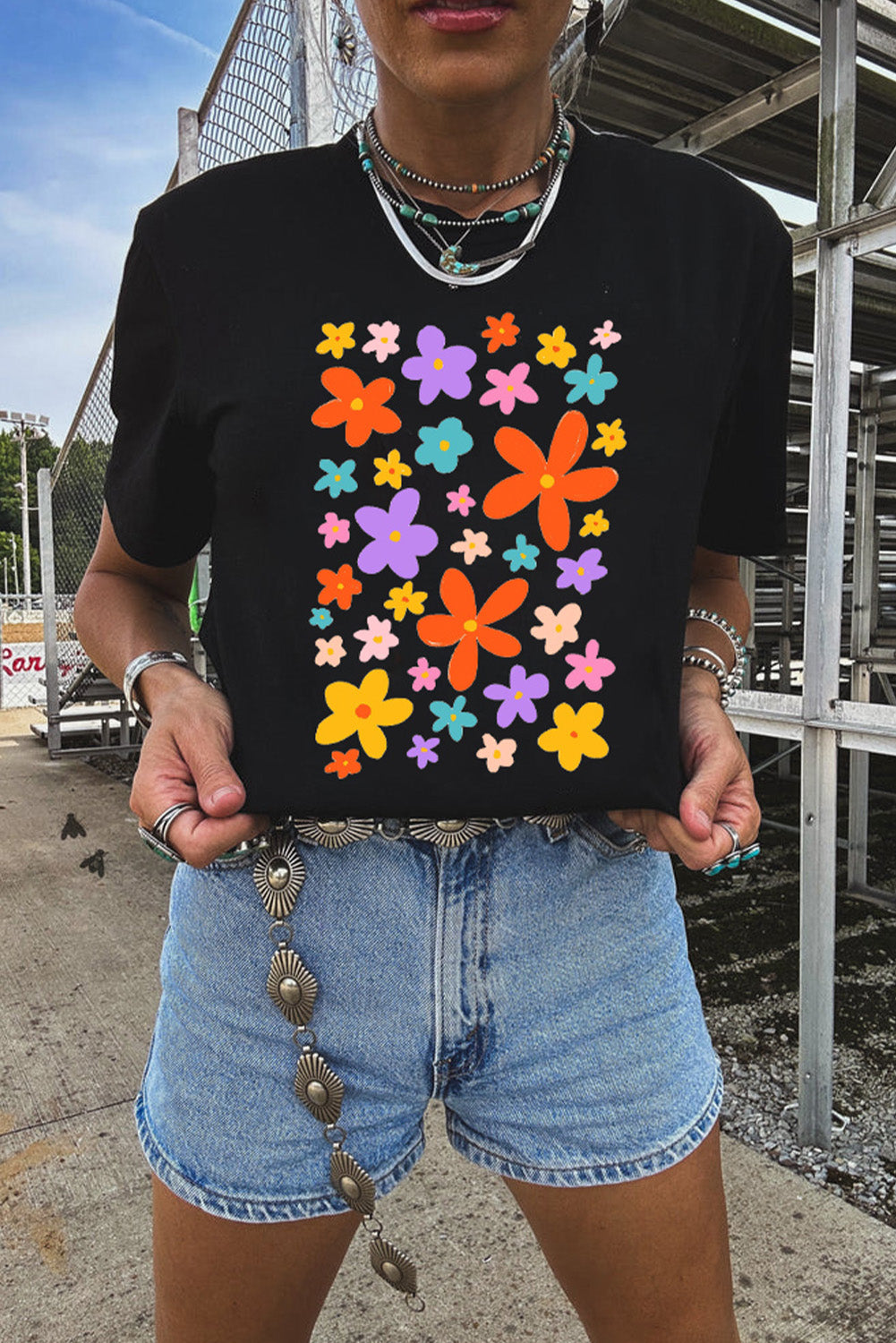 Flowers Print Loose Fit Crew Neck Casual Tee