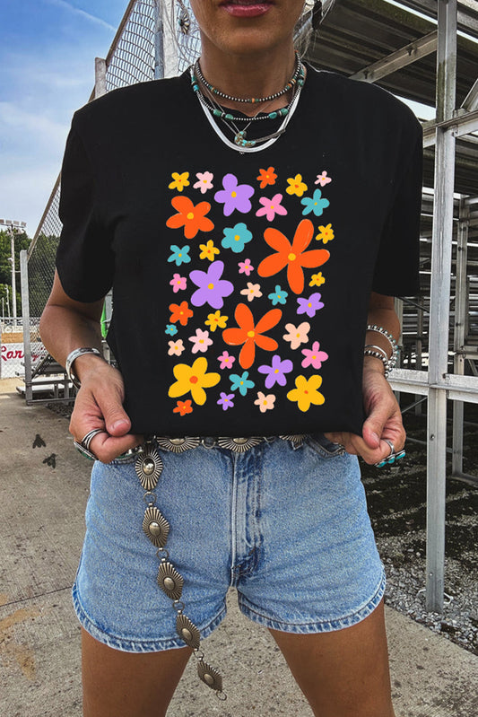 Flowers Print Loose Fit Crew Neck Casual Tee